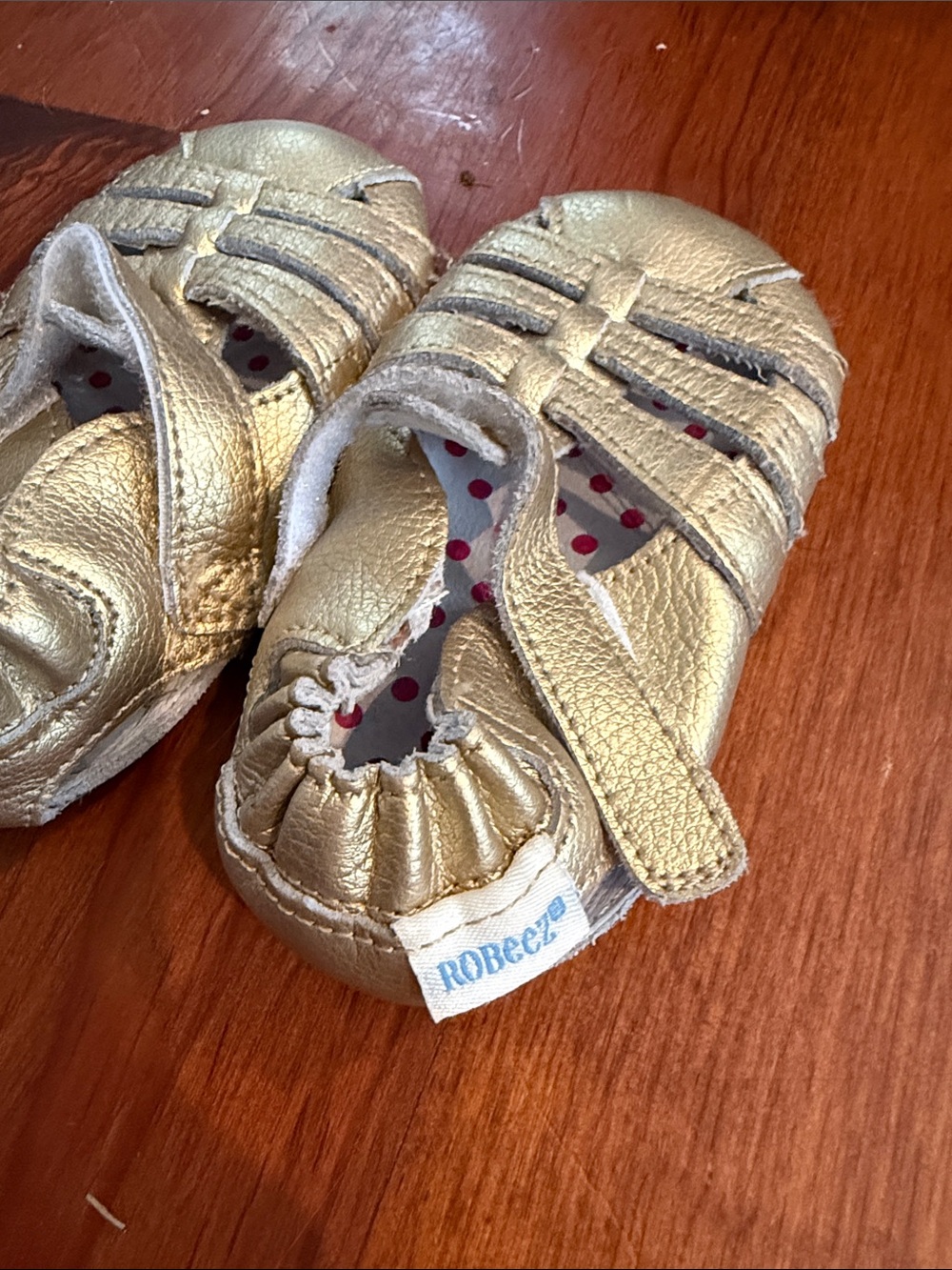 Robeez Metallic Gold Leather Baby Shoes with Polka-Dot Lining